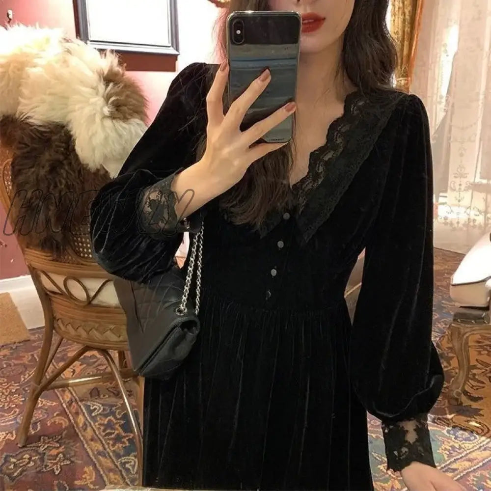 Hnewly French Vintage Dress Women Lace Velvet Black Elegant Party Female Autumn 2020 High Waist