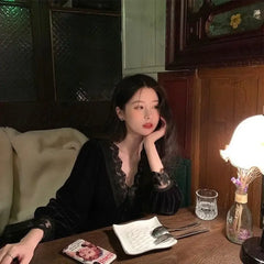 Hnewly French Vintage Dress Women Lace Velvet Black Elegant Party Female Autumn 2020 High Waist