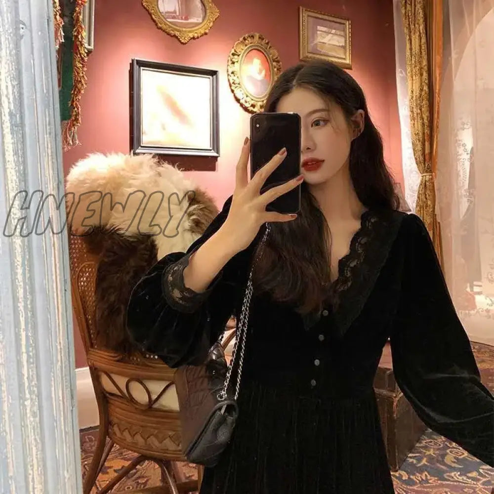 Hnewly French Vintage Dress Women Lace Velvet Black Elegant Party Female Autumn 2020 High Waist