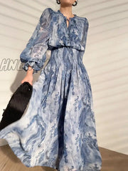 Hnewly French Vintage Long Sleeve Fairy Dress Women Slim Fashion Floral Midi Beach Casual Korean