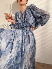 Hnewly French Vintage Long Sleeve Fairy Dress Women Slim Fashion Floral Midi Beach Casual Korean