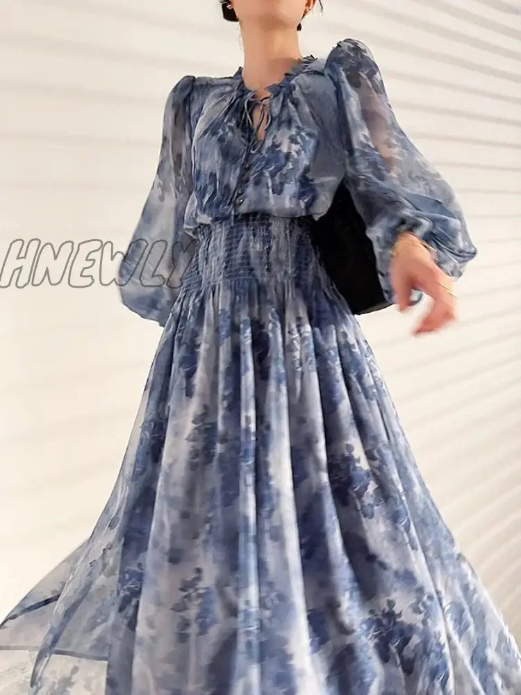 Hnewly French Vintage Long Sleeve Fairy Dress Women Slim Fashion Floral Midi Beach Casual Korean