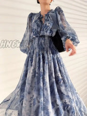 Hnewly French Vintage Long Sleeve Fairy Dress Women Slim Fashion Floral Midi Beach Casual Korean