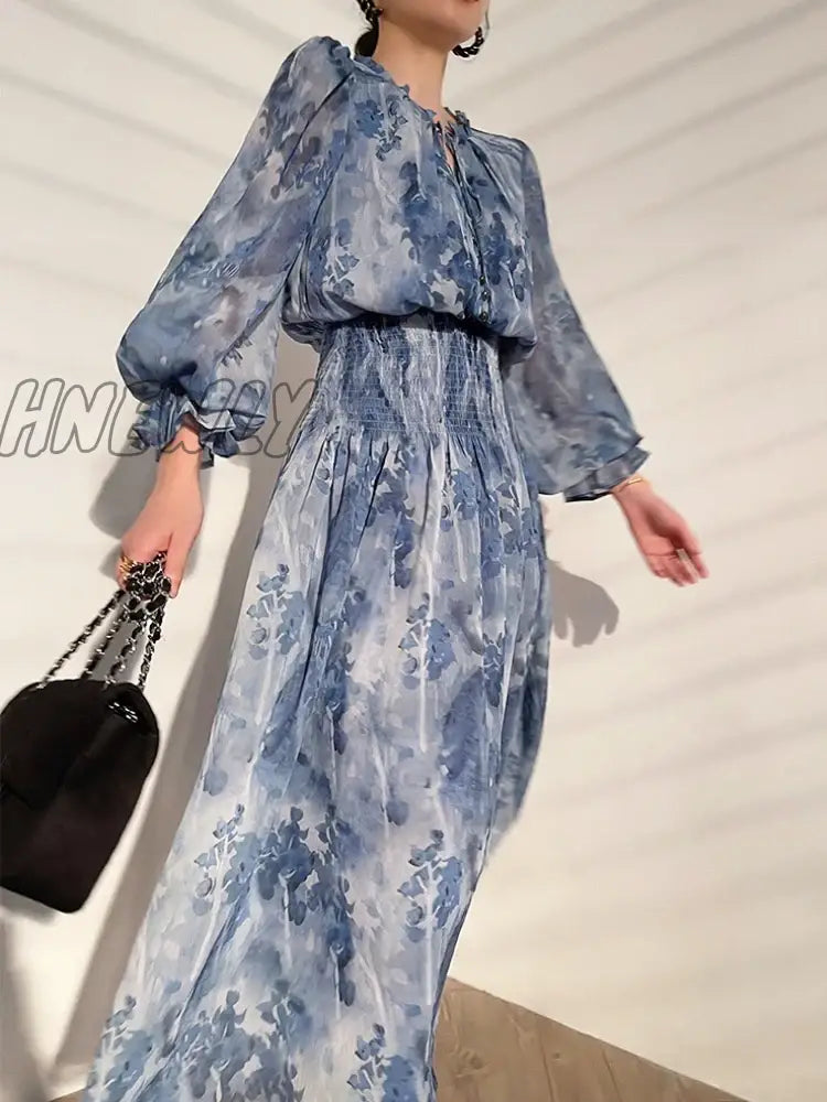 Hnewly French Vintage Long Sleeve Fairy Dress Women Slim Fashion Floral Midi Beach Casual Korean