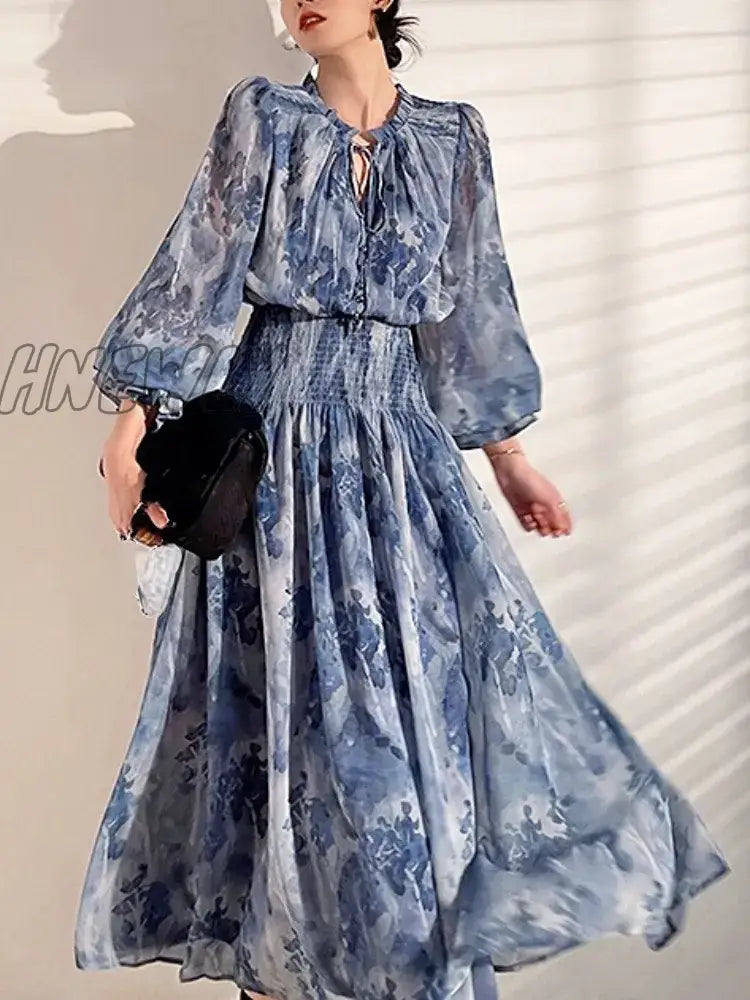 Hnewly French Vintage Long Sleeve Fairy Dress Women Slim Fashion Floral Midi Beach Casual Korean