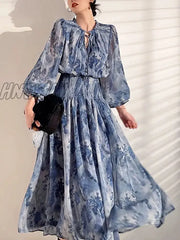 Hnewly French Vintage Long Sleeve Fairy Dress Women Slim Fashion Floral Midi Beach Casual Korean