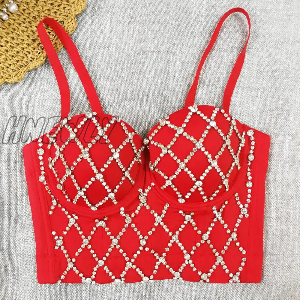 Hnewly Full Beads Female Corset Top Camis Nightclub Sexy Rhinestones Short Chest Binder Camisole
