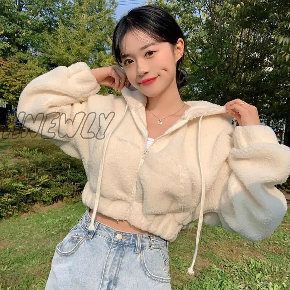 Hnewly Furry Hooded Cropped Jackets Zipper Coats Women’s Jacket Winter Black Short 90S Harajuku