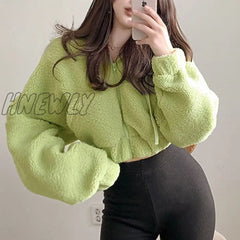 Hnewly Furry Hooded Cropped Jackets Zipper Coats Women’s Jacket Winter Black Short 90S Harajuku