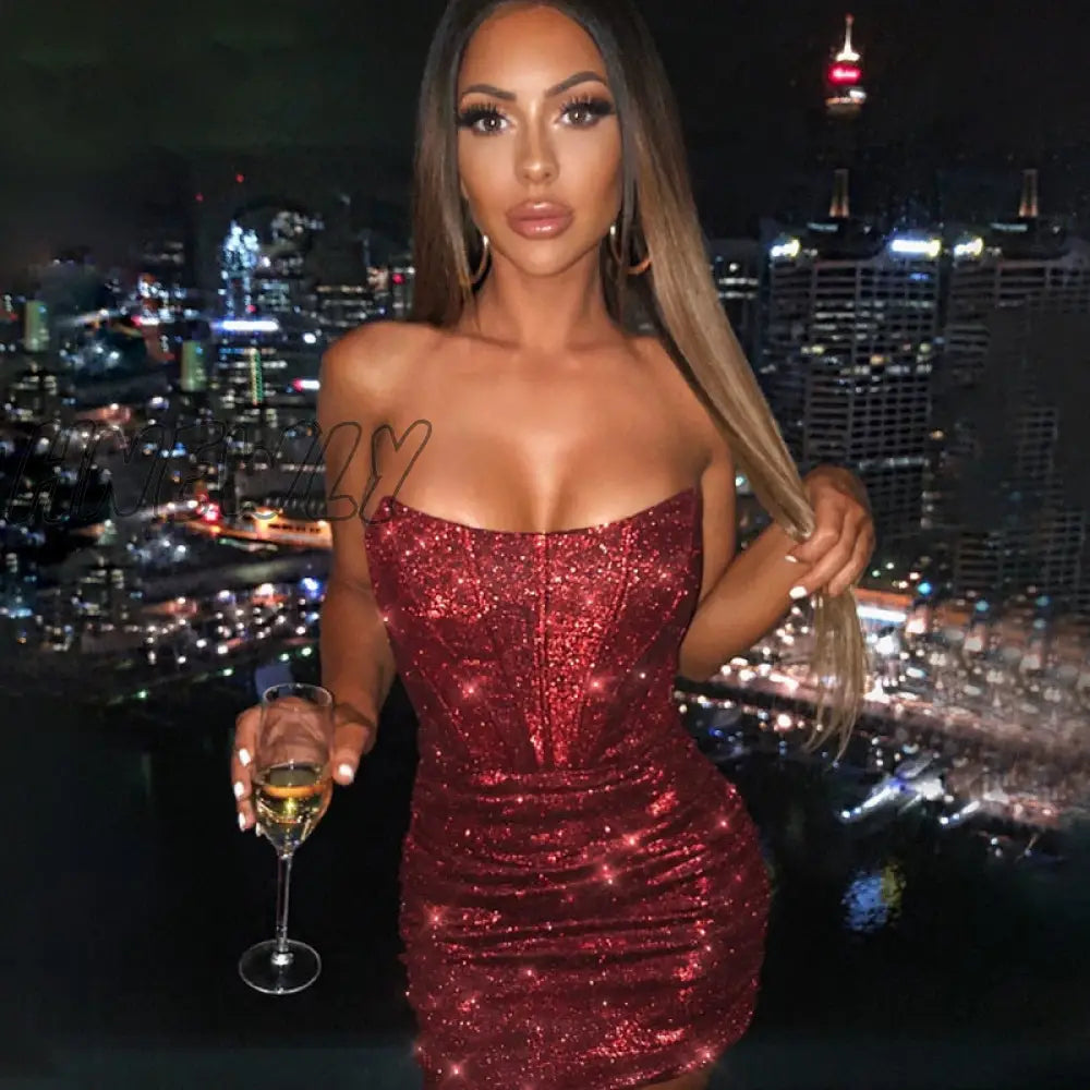 Hnewly Giyu Night Club Party Woman Dress Sexy Bodycon Glitter Strapless Mini Dresses Summer Elegant