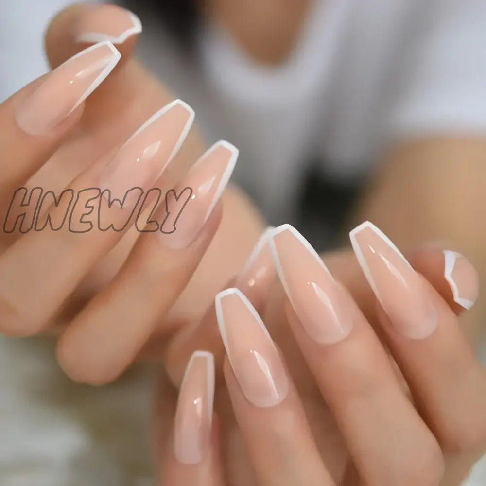 Glossy White French Press On False Nails Extra Long Coffin Ballerina Shape Gel Nude Fingersnails