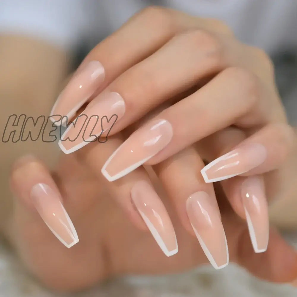 Glossy White French Press On False Nails Extra Long Coffin Ballerina Shape Gel Nude Fingersnails