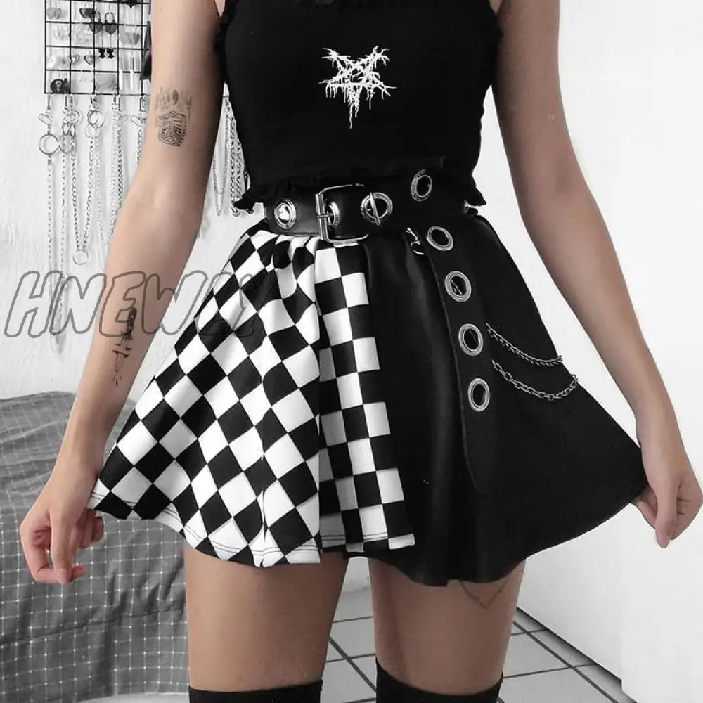 Hnewly Goth Punk Red Bandage Streetwear Skirt Sexy High Waist Harajuku Short Black Patchwork A-Line