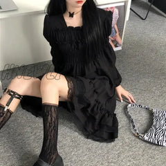 Hnewly Gothic Black Lace Ruffle Dress For Girls Princess Party Ruched Fairy Grunge Long Sleeve
