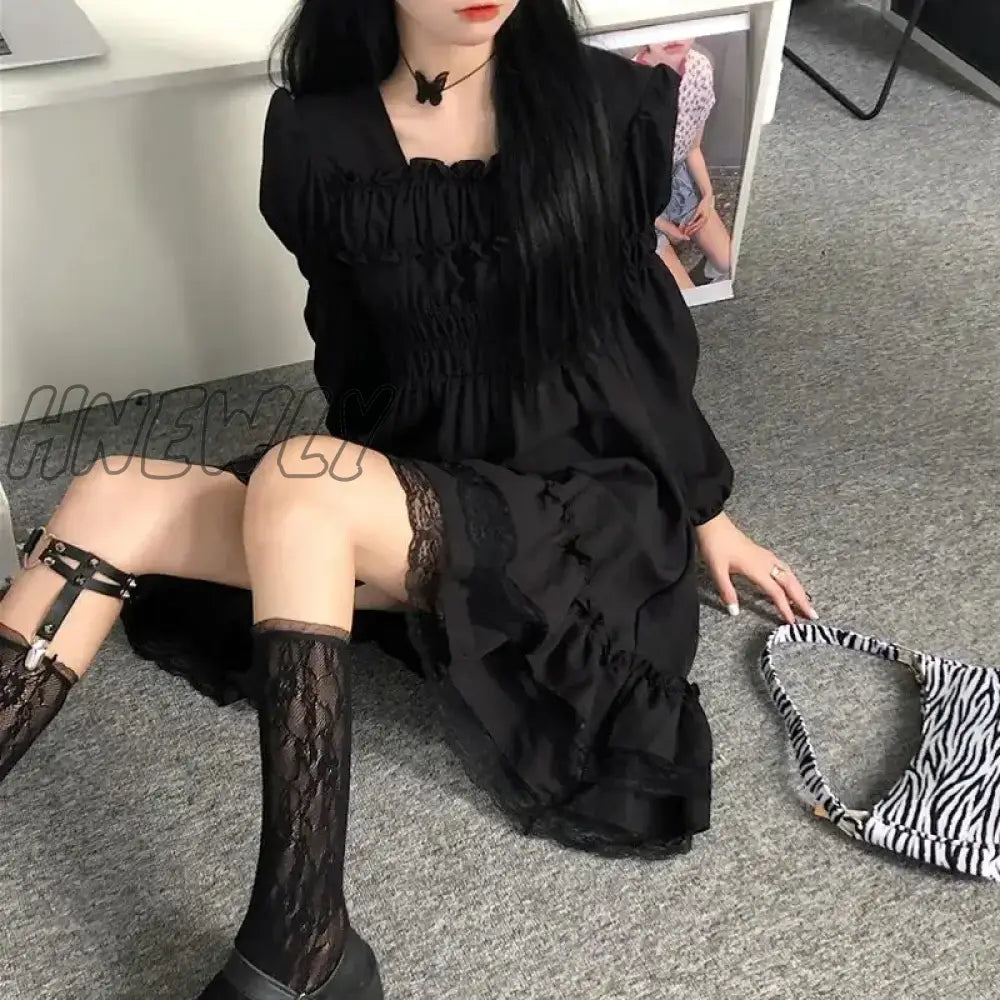 Hnewly Gothic Black Lace Ruffle Dress For Girls Princess Party Ruched Fairy Grunge Long Sleeve