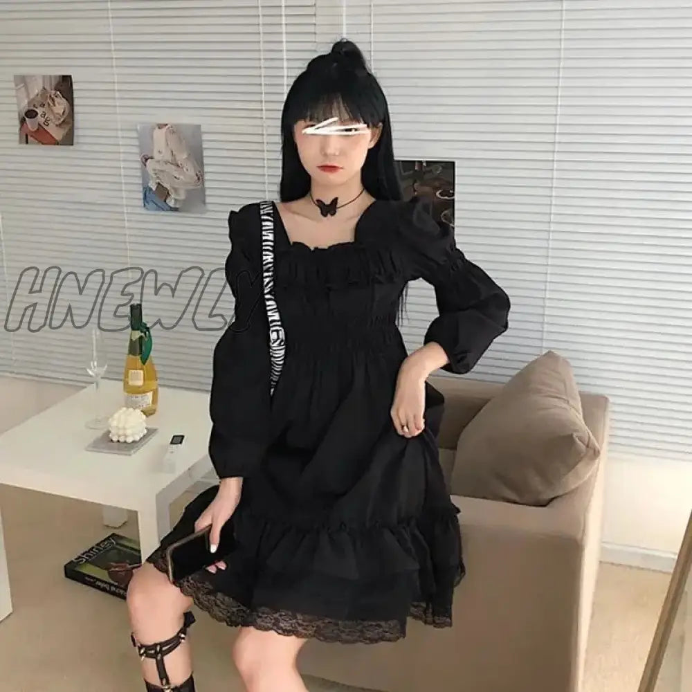 Hnewly Gothic Black Lace Ruffle Dress For Girls Princess Party Ruched Fairy Grunge Long Sleeve