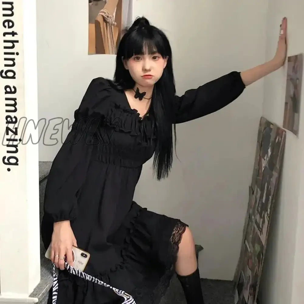 Hnewly Gothic Black Lace Ruffle Dress For Girls Princess Party Ruched Fairy Grunge Long Sleeve