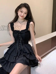 Hnewly Gothic Goth Harajuku Sexy Slip Dress Ruffles Y2K Streetwear Dark Punk Cake Dresses Party