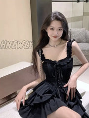 Hnewly Gothic Goth Harajuku Sexy Slip Dress Ruffles Y2K Streetwear Dark Punk Cake Dresses Party