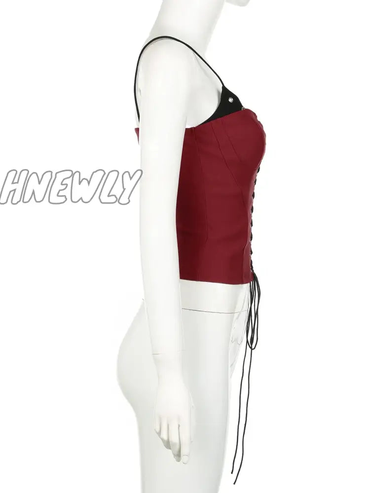 Hnewly Gothic Patchwork Bandage Camis Top Dark Slim Slash Neck Sleeveless Tank Tops Women 2024