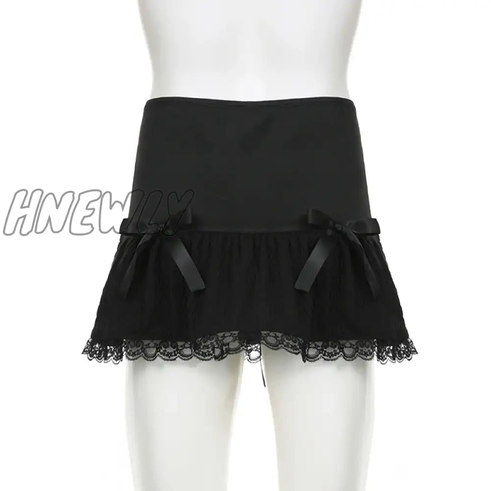 Darlingaga Gothic Y2K Lace Trim Mini Skirt Harajuku Vintage Tie Up Bow Dark Academia Sexy Women