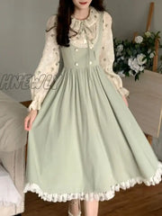 Hnewly Green Elegant Vintage Strap Dress Women Spring Lace Evening Party Midi Dresses Ladies Retro