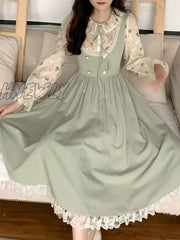 Hnewly Green Elegant Vintage Strap Dress Women Spring Lace Evening Party Midi Dresses Ladies Retro