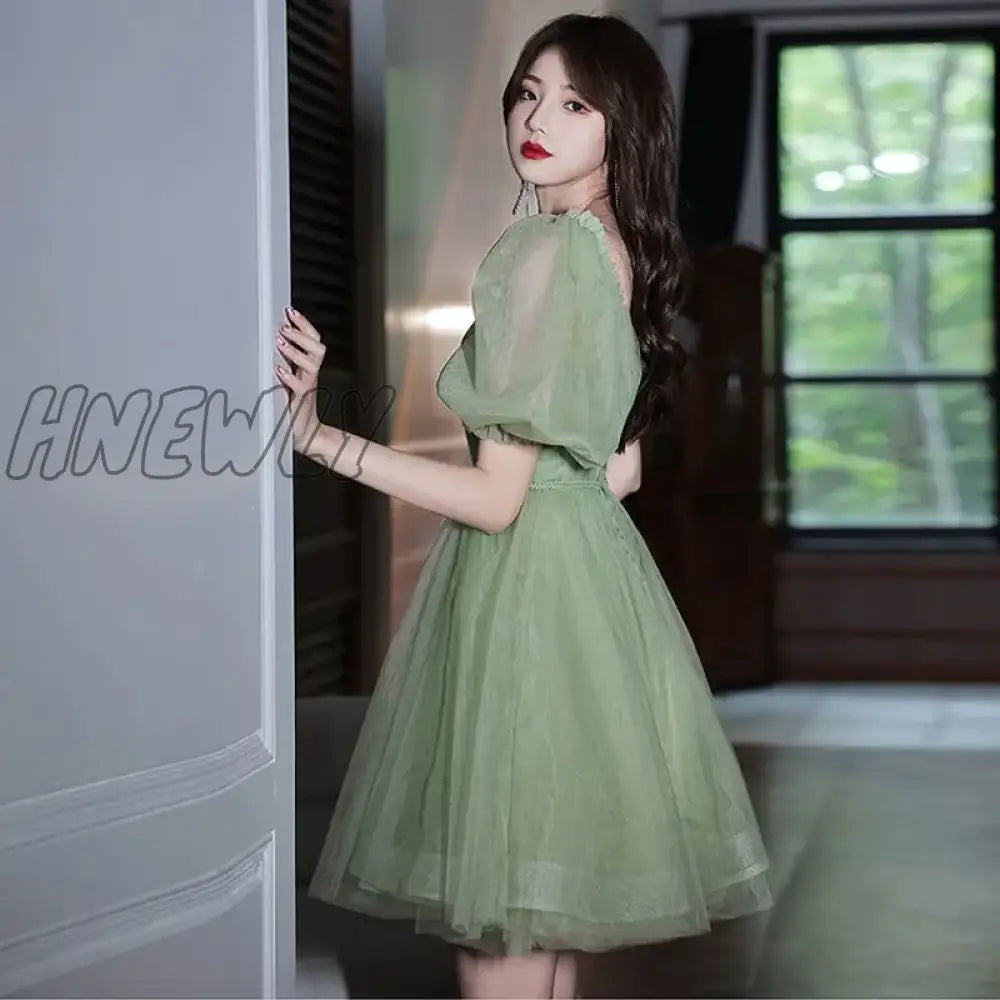 Hnewly Green Sweat Puff Sleeve Lady Girl Women Princess Bridesmaid Banquet Party Ball Prom Short