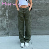 Hnewly Green Vintage Baggy Jeans Women’s Pockets Wide Leg Cargo Pants Streetwear Casual Low Waist
