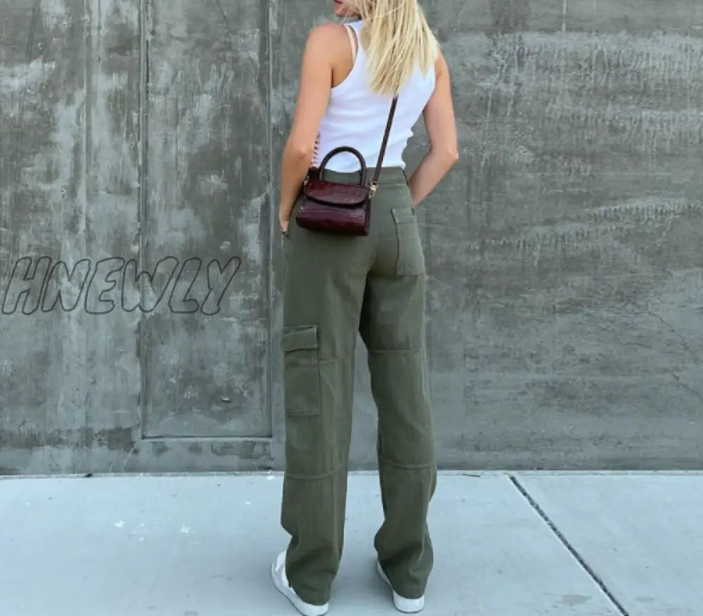 Hnewly Green Vintage Baggy Jeans Women’s Pockets Wide Leg Cargo Pants Streetwear Casual Low Waist