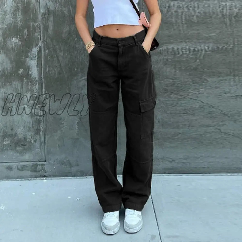 Hnewly Green Vintage Baggy Jeans Women’s Pockets Wide Leg Cargo Pants Streetwear Casual Low Waist