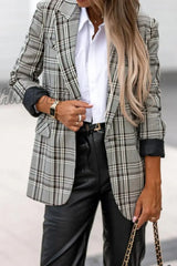 Hnewly - Grey British Style Plaid Patchwork Turn-Back Collar Outerwear Coats Suits