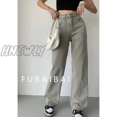Hnewly Grey Womens Jeans High Waist Vintage Straight Baggy Denim Pants Streetwear American Style