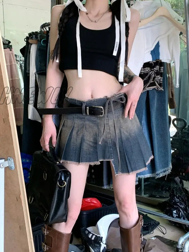 Hnewly Grunge Y2K Denim Skirt Pleated Women Vintage Acubi Fashion Irregular Low Waist Bandage