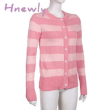 Hnewly Grunge Y2K Fairycore Sweater Women Pink Striped Button Down Long Sleeve Cardigan Tops 2000S