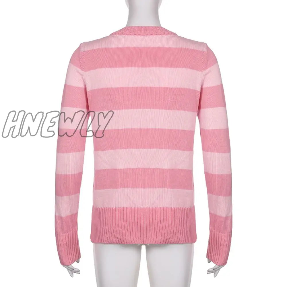 Hnewly Grunge Y2K Fairycore Sweater Women Pink Striped Button Down Long Sleeve Cardigan Tops 2000S
