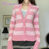 Hnewly Grunge Y2K Fairycore Sweater Women Pink Striped Button Down Long Sleeve Cardigan Tops 2000S