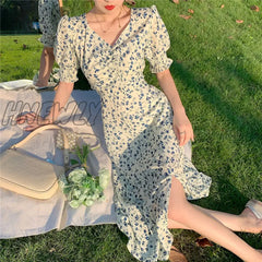 Hnewly Harajuku Floral Dress For Women Party French Vintage Retro Office Lady Casual Club Mini Sexy