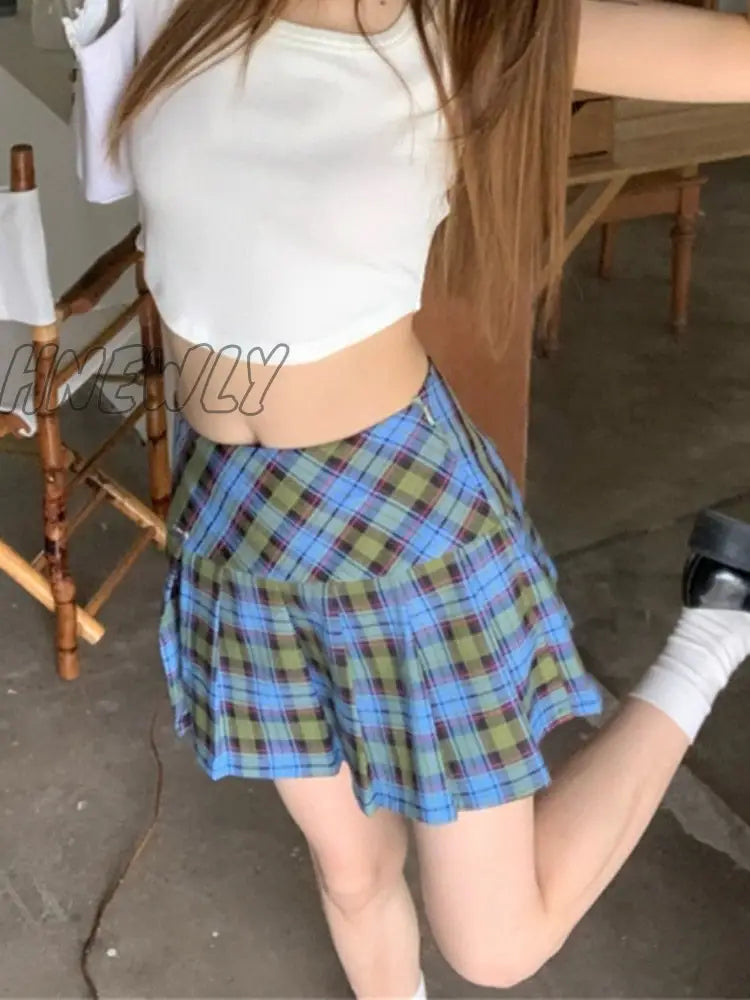 Hnewly Harajuku Plaid Mini Skirt Women High Waist A-Line Patchwork Vintage Preppy Pleated Summer