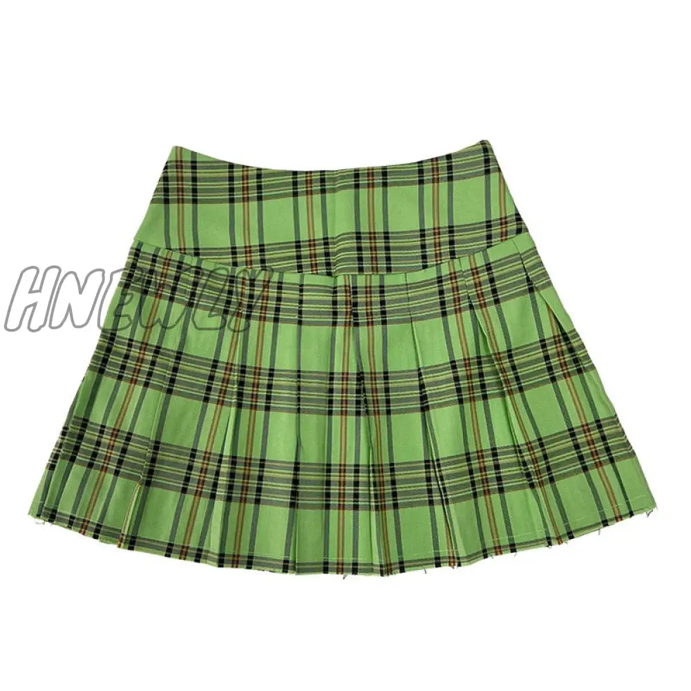 Hnewly Harajuku Plaid Mini Skirt Women High Waist A-Line Patchwork Vintage Preppy Pleated Summer