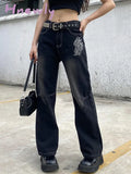 Hnewly Harajuku Printed Cargo Jeans Y2K Dark Blue Brown High Waist Streetwear 90S Baggy Trousers