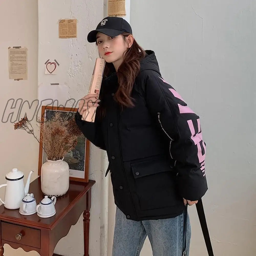 Hnewly Harajuku Printed Down Padded Jacket Women’s Thick Coat Winter New Korean Fashion Preppy