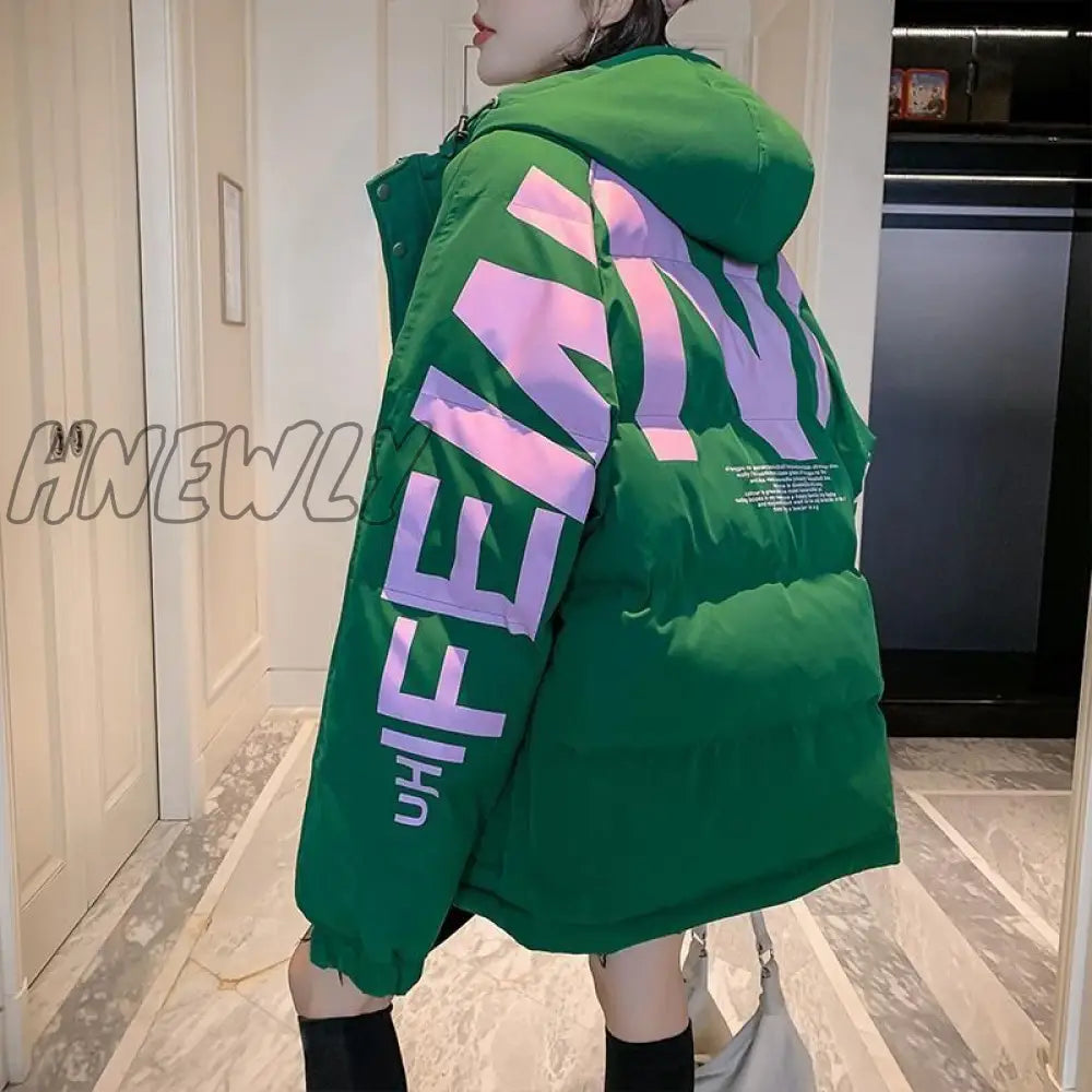 Hnewly Harajuku Printed Down Padded Jacket Women’s Thick Coat Winter New Korean Fashion Preppy