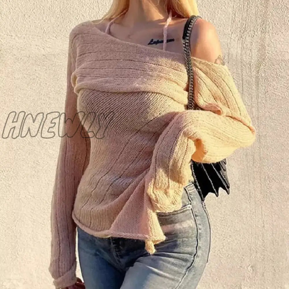 Hnewly Harajuku Sweaters Y2K Asymmetrical Chic Korean Fashion Knitted Pullovers For Women Halter
