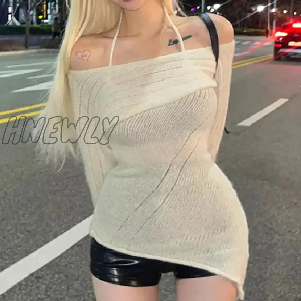 Hnewly Harajuku Sweaters Y2K Asymmetrical Chic Korean Fashion Knitted Pullovers For Women Halter