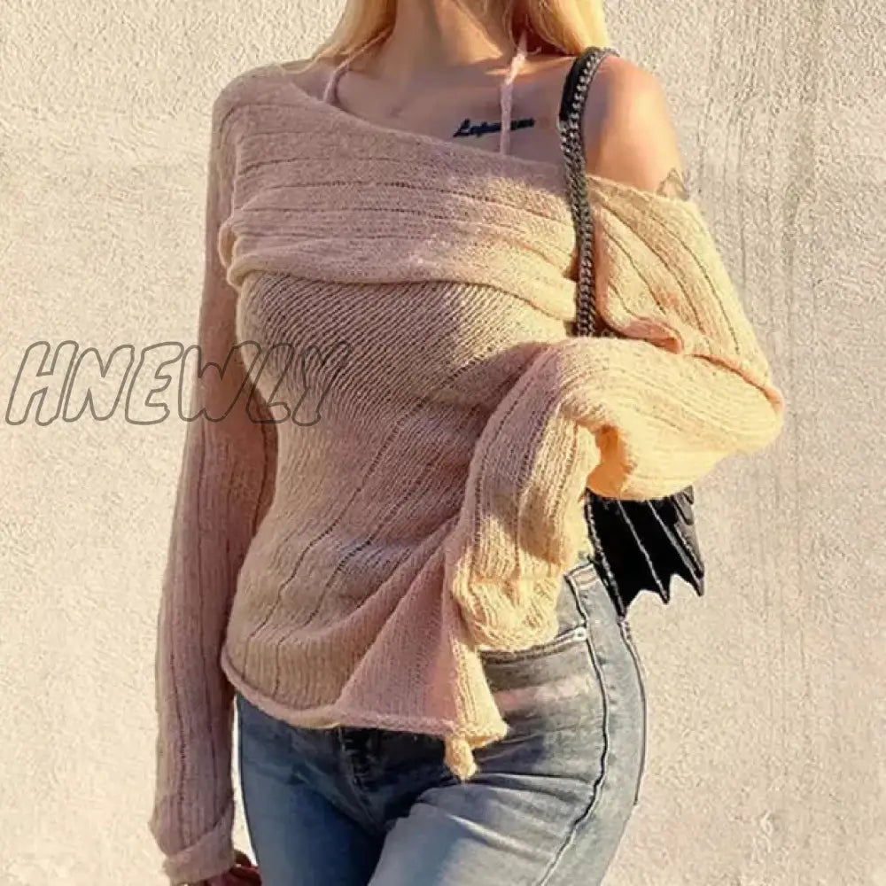 Hnewly Harajuku Sweaters Y2K Asymmetrical Chic Korean Fashion Knitted Pullovers For Women Halter