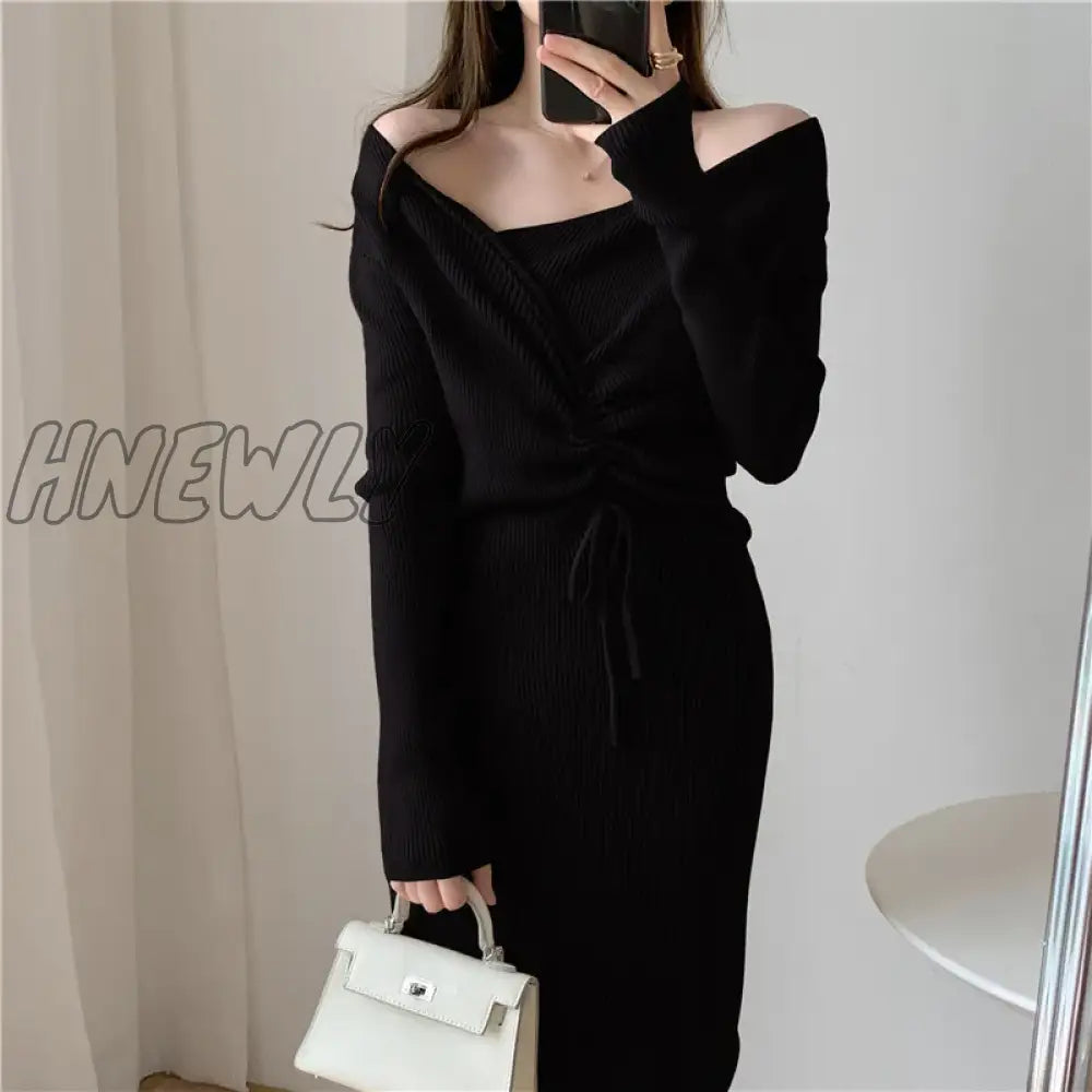 Hnewly Harajuku Vintage Korean One-Piece Sweater Maxi Dresses For Women Draw String Bodycon Slim