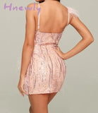 Hnewly High Quality Pink Mini Feather V - Neck Fashion Bodycon Dress Night Club Party New Years Eve