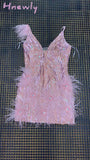 Hnewly High Quality Pink Mini Feather V - Neck Fashion Bodycon Dress Night Club Party New Years Eve
