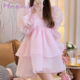 Hnewly High Quality Women Lolita Pink Princess Dresses Sexy Square Neck Long Sleeve Organza Dress
